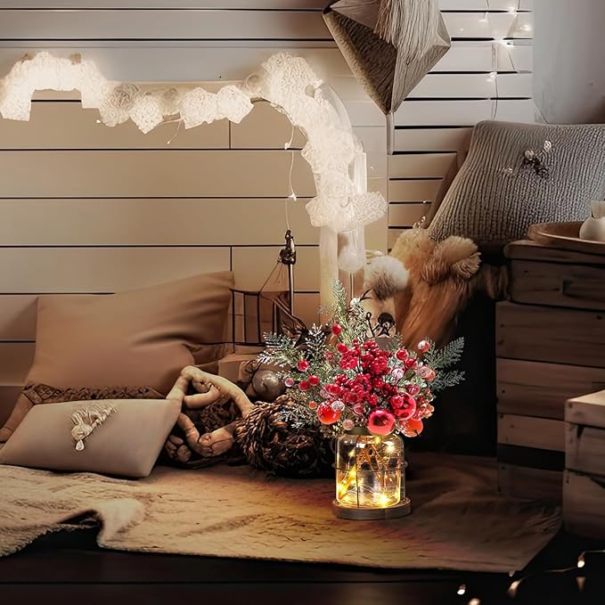 Rustic Vintage Glass Farmhouse Vase with LED Lights, Christmas Home Decor for Winter with Red Berry & Pine Cones, Farmhouse Vase for Decor, Home Decor Floral Arrangement Gift