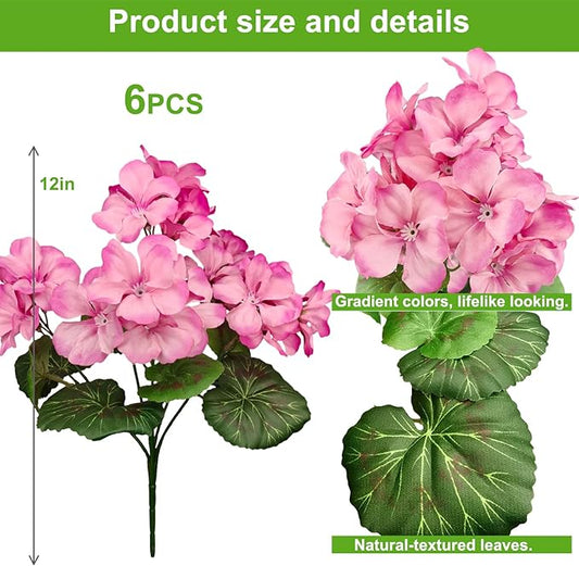 6 Bundles Faux Geranium Flowers Outdoor UV Resistant Pink Silk Artificial Geraniums, Perfect for Garden Plants, Home & Kitchen Table Centerpieces Deco, Porch, Patio, Yard & Balcony.