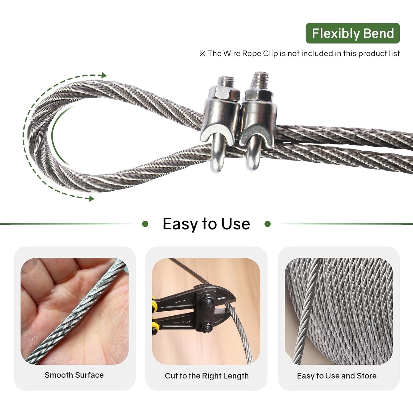 NEREUS 1/4" Stainless Steel Cable 400FT, 7x19 Strand Heavy-Duty Wire Rope, 6400 lbs Breaking Strength for Backyard Zipline, Deck Railing, Clotheslines and Outdoor Use