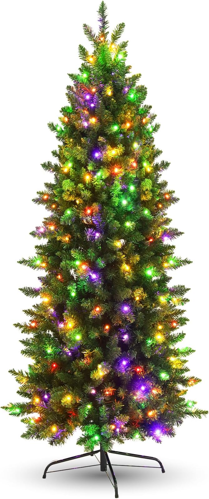 Himimi Pre-Lit Christmas Trees Slim Fraser Fir Artificial Tree with Multicolor LED Lights, Layered Brach Tips Noble Holiday Décor, Foldable Metal Stand & Protective Foot Caps, 6 Foot