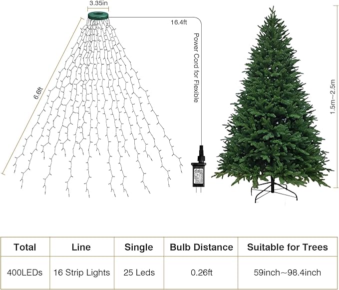 Christmas Tree Lights Indoor, 400 LED 16 Lines of 6.6FT with 8 Flashing Modes, Remote Control & Timer, Memory Function, Warm White Christmas String Lights, Twinkle Tree & Outdoor Waterproof