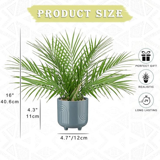 Hollyone Large Artificial Potted Plants Fake Palm Plants 16" Faux Green Plant Tropical Palm Tree in Blue Ceramic Pots for Home Room Office House Indoor Decoration