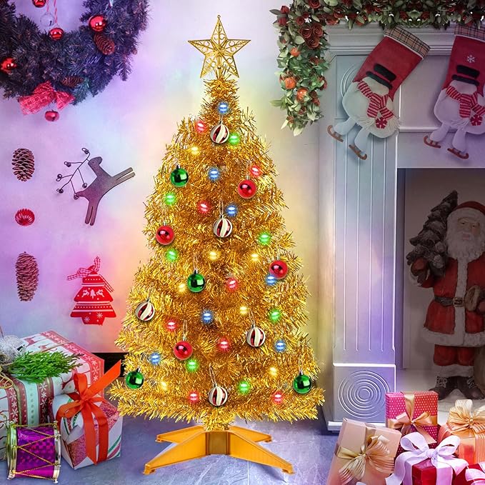 3 Ft Gold Christmas Tree with 12 Modes Timer 50 LED Four Color & Warm Lights DIY 15 Ball Ornaments 3D Star Artificial Xmas Tree Indoor Home Holiday Party Decoration