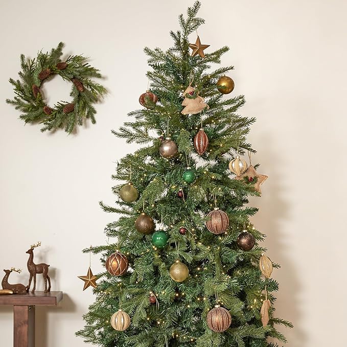 DN DECONATION 4PCS Christmas Ball Ornaments – 4” Brown Glass Hanging Ball Ornaments Set for Christmas Tree with Shimmering Gold Lines, Winter Decor Holiday Decorations Xmas Gifts