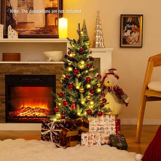 GOFLAME 3FT Pre-Lit Artificial Mini Christmas Tree, Small Tabletop Xmas Fir Tree with 363 Branch Tips, 50 Warm White LED Lights, Timer, Holiday Decoration Tree with Burlap Base