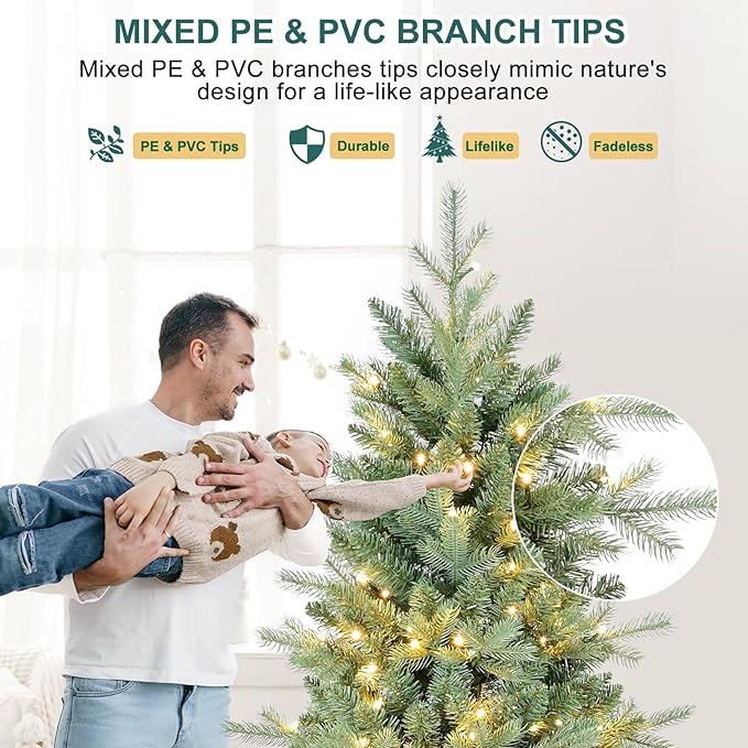 7.5 FT Prelit Artificial Skinny Christmas Tree,Blue Spruce Slim Pencil Xmas Tree with 1755 PE&PVC Mixed Branch Tips,450 UL Listed Clear Lights,Hinged Pine Tree with Metal Stand for Home Office Décor