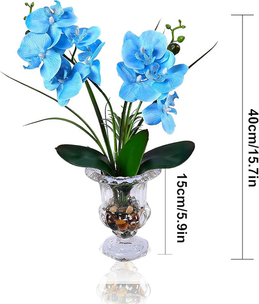 Jusdreen Artificial Blue Orchid in Glass Vase, Realistic Phalaenopsis Arrangement with Potting for Home Office Table Decor, 14.5 Inch Orchid Centerpiece
