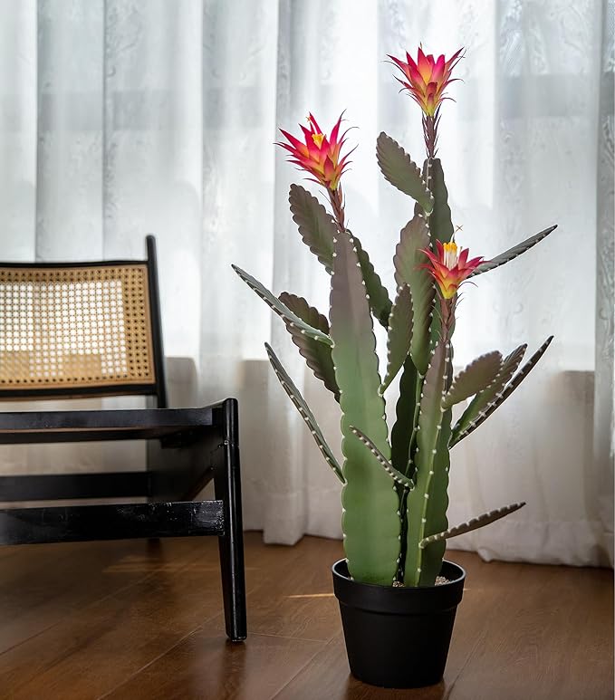 33 Inch Large Artificial Cactus with Magenta Flowers in Pot with Natural Gravel. Satin Finish Leaves with Real Look and Feel. Outdoor and Indoor Faux Plants.
