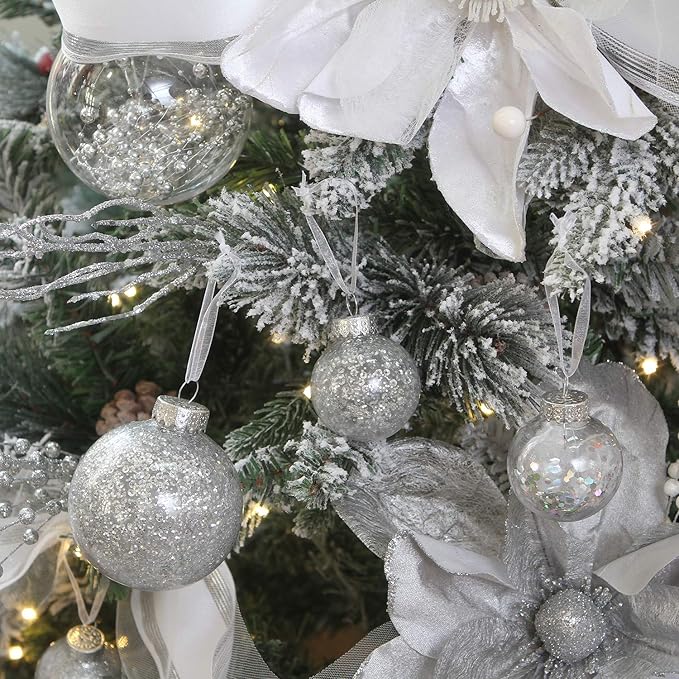 Sea Team 50mm/1.97" Shatterproof Clear Plastic Christmas Tree Ball Ornaments Set, Decorative Hanging Transparent Xmas Baubles with Stuffed Delicate Decorations (30 Counts, Silver)