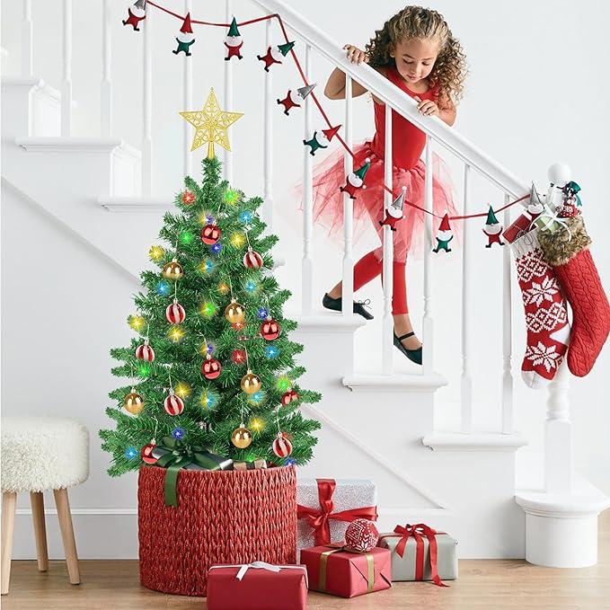 3FT PVC Green Christmas Tree Tinsel with 50 Warm White & Multi Color Fariy Light 3D Star 15 Ball Ornament, 12 Light Modes Timer Battery Operated Small Artificial Full Xmas Tree Indoor Holiday Decor