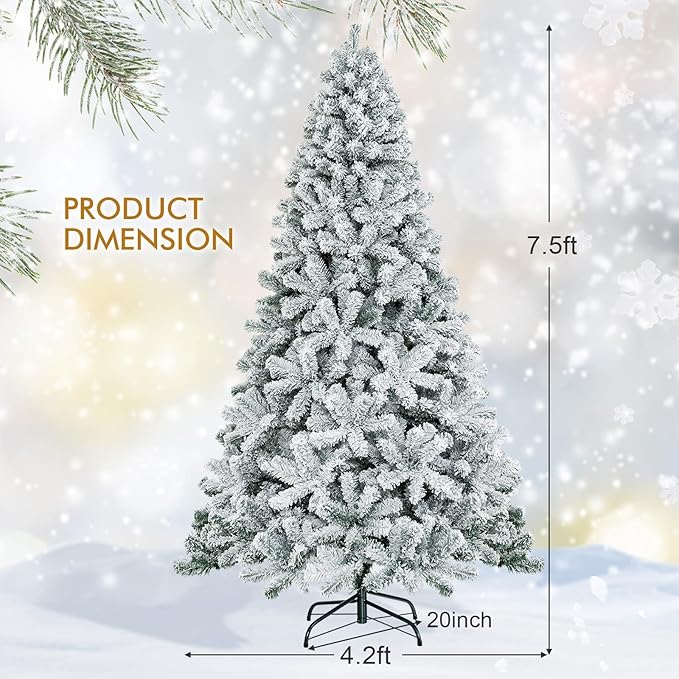 HAPPYGRILL 7.5 Feet Flocked Christmas Tree Artificial Xmas Tree with 1010 PVC Branch Tips, Hinged Xmas Tree Life-Like Seasonal Holiday Tree for Home Office