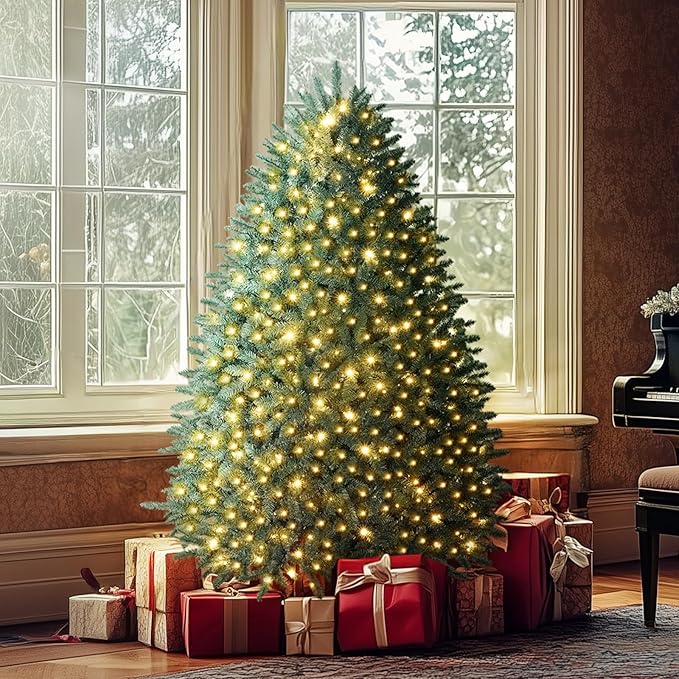 6ft Pre-lit Christmas Tree Hinged Blue Spruce Artificial Christmas Tree with 600 Clear Lights,1668 Branch Tips