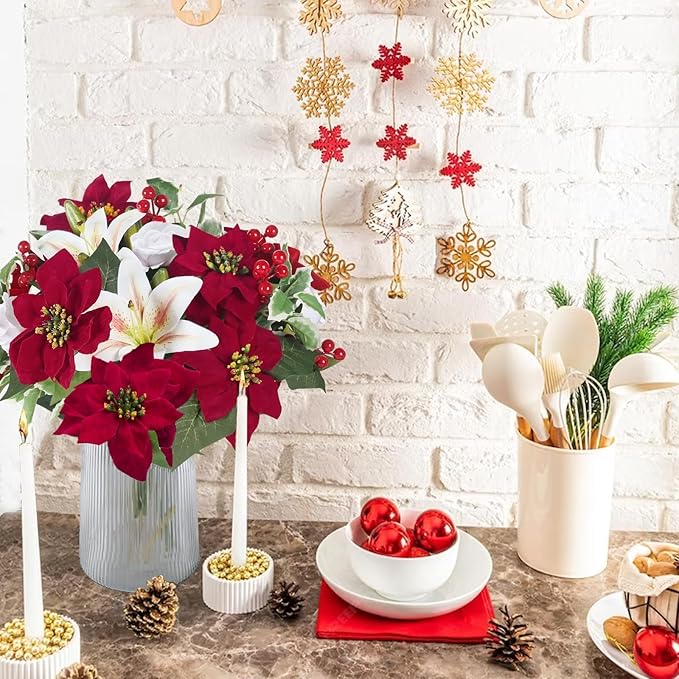 HUAESIN Poinsettias Artificial Christmas Flowers Cemetery Silk Christmas Floral Arrangements with Lily Rose Red Holly Berries Winter Flowers Christmas Picks for Xmas Home Vase Table Grave