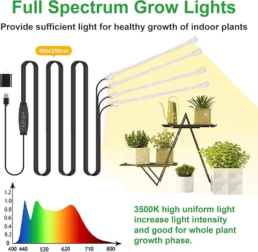 LED Plant Growing lamp Strips, Full Spectrum 3500K Grow Light for Indoor Plants with 3/9/12H Timer and 10 Dimmable Levels for Green House Hydroponics Succulent,4 Head 13 Inches