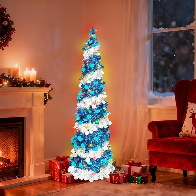 Pop Up Christmas Tree, 5FT Collapsible Artificial Blue Christmas Trees with 90 LED Lights, Tinsel Small Pencil Christmas Tree for Home Holiday Fireplace Party Indoor Outdoor Xmas Decorations