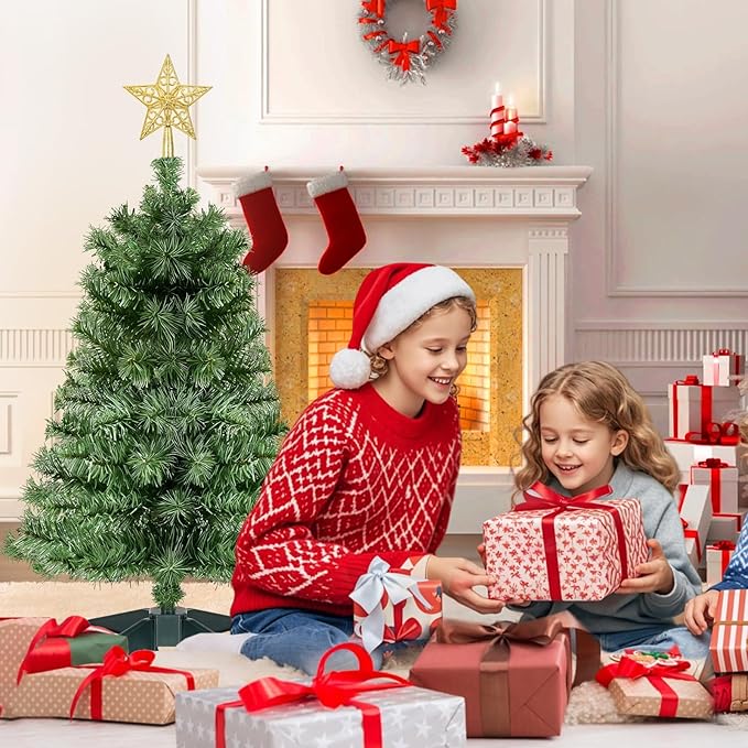 3 Ft Artificial Christmas Tree for Tabletop, Mini Xmas Tree with 4-Leg Stable Base, Small Xmas Tree for Indoor Outdoor Holiday Home Office Party Christmas Decorations (Green)