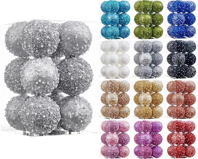 12CT Christmas Ball Ornaments, Silver Christmas Ball Decorations Shatterproof Plastic Hanging Pearl Balls for Holiday Party(70mm/2.76")