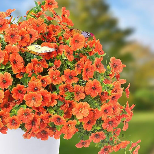 20 Bundles Artificial Flowers for Outdoors with 6 Faux Butterflies, UV Resistant Fake Flowers with Eucalyptus Leaves, Artificial Plants Outdoor for Patio Garden Porch Home Decor (Orange)