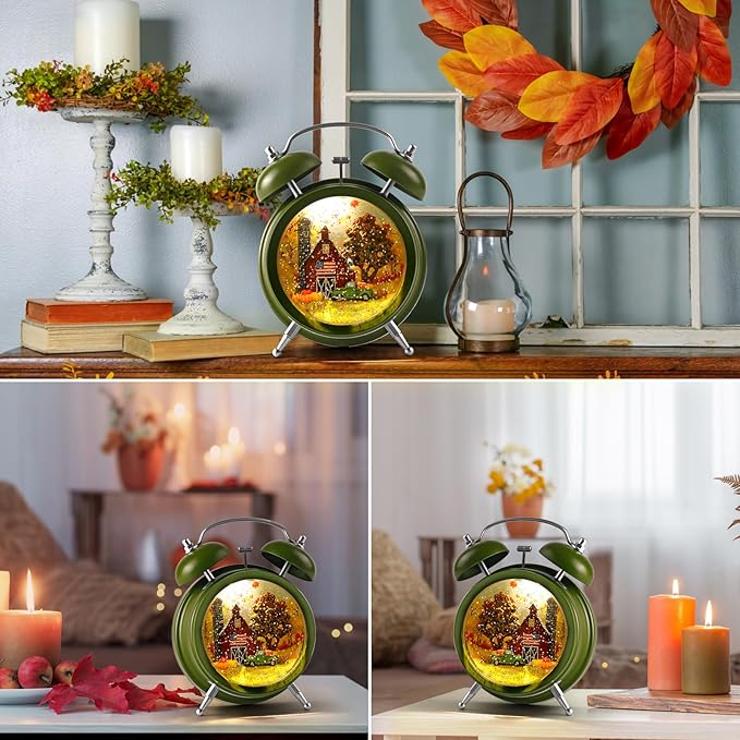Alarm Clock Fall Snow Globe, Lighted Snow Globe Lantern 6H Timer Thanksgiving Snow Globe Thanksgiving Decorations Fall Decor (Green)