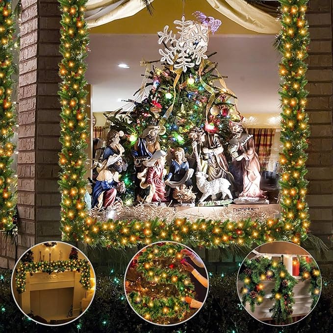 Timer & 8 Modes-9 Ft by 10 Inch Christmas Garland Decorations 50 Warm White Lights Lighted 270 Branch 70 Red Berries 10 Pinecone Mantle Xmas Garland Christmas Decor