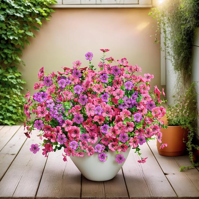 SHIAWASENA Realistic Outdoor Fake Plants Flowers, Artificial Flowers, UV Resistant, 12 Bundles Faux Silk Colorful Violet Flowers Bouquet with Eucalyptus (Rose Red & Purple)