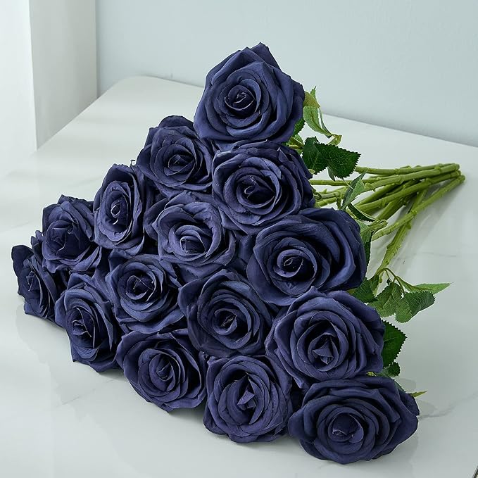 Artificial Navy Blue Flowers Silk Roses Long Stems Fake Bridal Wedding Bouquet for Home Garden Party Floral Decor 15pcs(VASE is NOT Included)