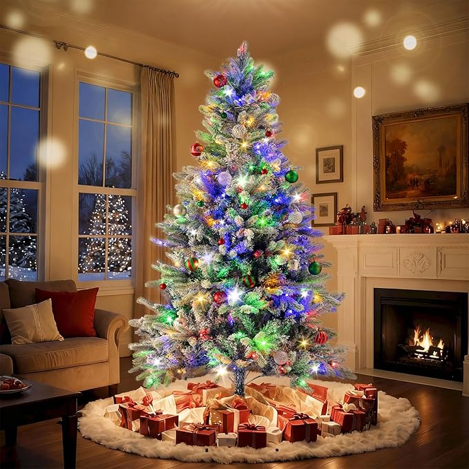 6ft Prelit Green Artificial Christmas Tree with 200 Multi-Color LED, 4 Color 8 Mode, Flocked Hinged Xmas Tree with 1000 Realistic Branche, Easy Assembly for Home Office Holiday Decoration