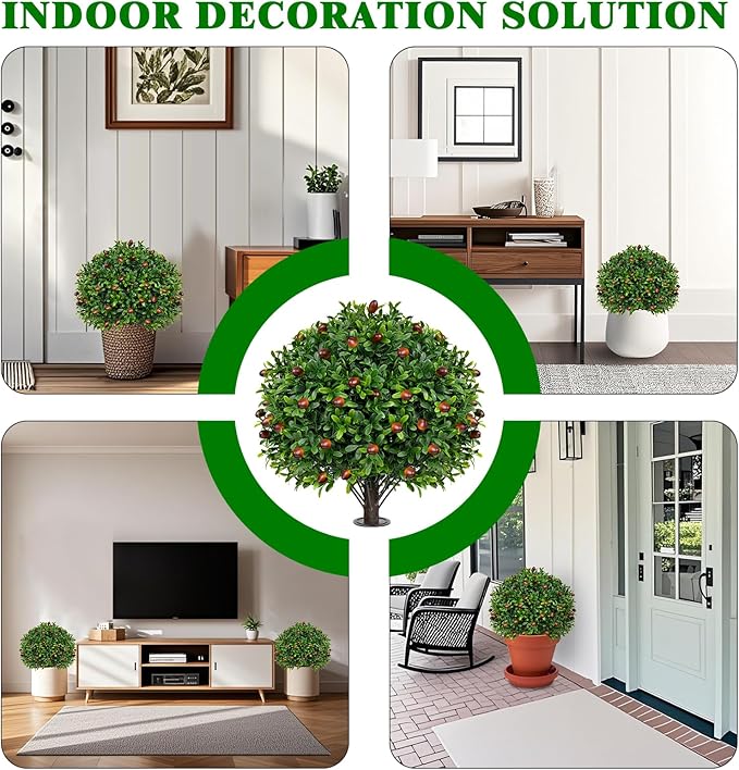 Artificial Boxwood Topiary Tree with Olive, Set of 2 Artificial Shrub Bushes with Ground Spike, Fake Evergreen Tree for Porch, Artificial Plants for Outdoor Planters Indoor UV Resistant