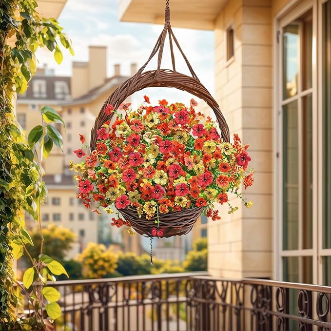 SHIAWASENA Realistic Outdoor Fake Plants Flowers, Artificial Flowers, UV Resistant, 12 Bundles Faux Silk Colorful Violet Flowers Bouquet with Eucalyptus (Yellow & Orange & Red)