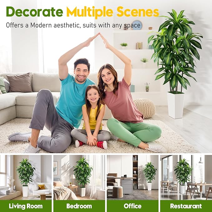 Artificial Dracaena Tree Indoor, 5FT Tall Fake Tree with White Tall Planter, Artificial Tree Fake Yucca Potted Tree for Home Office Living Room Decor, Tall Artificial Plant for Housewarming