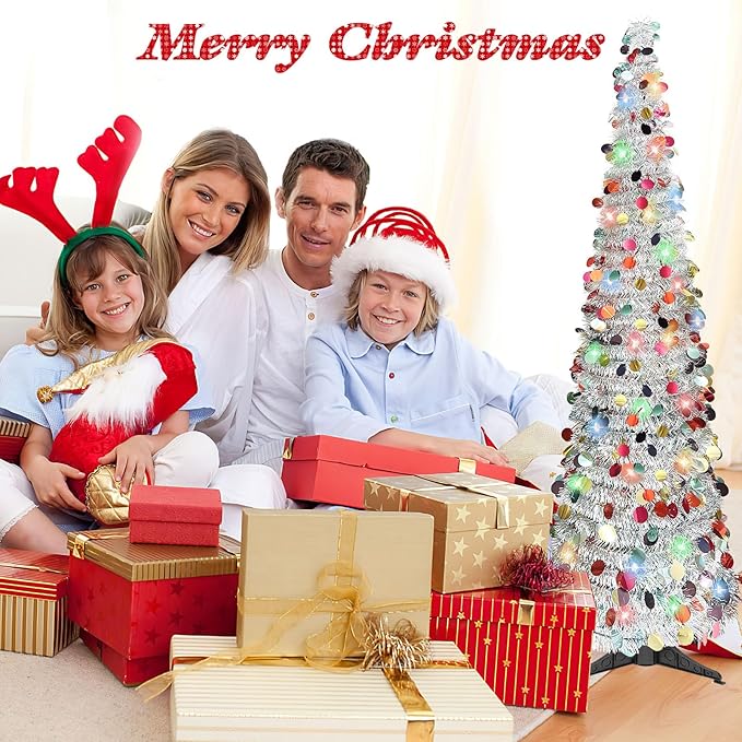 5 FT Pencil Christmas Tree, Collapsible Artificial Sequin Pop Up Christmas Tree, Skinny Pencil Tinsel Christmas Trees, Xmas Tree for Home Apartment Basement Fireplace (Silver Coloured)