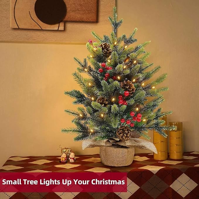 24"/2FT Tabletop Christmas Tree, Realistic-Feel Thick Artificial Mini Christmas Trees Small Christmas Tree with Lights Timer 56 Norfolk Pine Tip Pinecone Berry Burlap Base Christmas Decorations Indoor