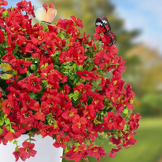 20 Bundles Artificial Flowers for Outdoors with 6 Faux Butterflies, UV Resistant Fake Flowers with Eucalyptus Leaves, Artificial Plants Outdoor for Patio Garden Porch Home Decor (Red)