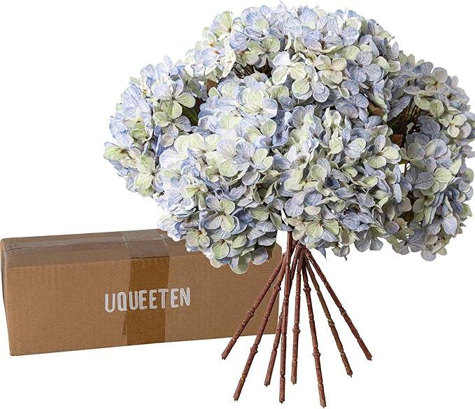 Artificial Flower Fake Silk Hydrangea Heads Bouquet with Stems Bulk for Fall Decoration Table Center Christmas Indoor Outdoor Faux Floral Realistic with Leaves Plants Crafts 8PCS(Blue)
