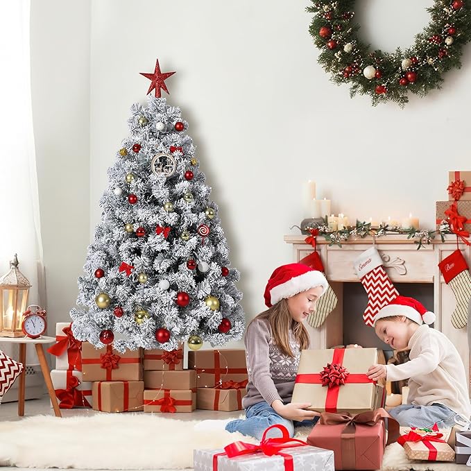 6Ft Pre-Lit Artificial Christmas Tree, Premium Hinged Design,Snow Flocked Full Prelighted Xmas Tree,Foldable Metal Stand, Party Decoration for Xmas Holiday, Green & White