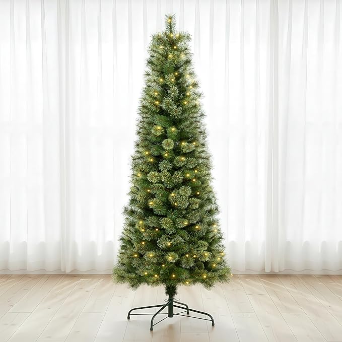 6ft Pencil Christmas Tree with Lights – Pre-Lit Slim Christmas Tree with 250 Warm White LEDs, 299 Tips Brockton Cashmere Pine, Hinged Branches, Slim Tree for Small Spaces