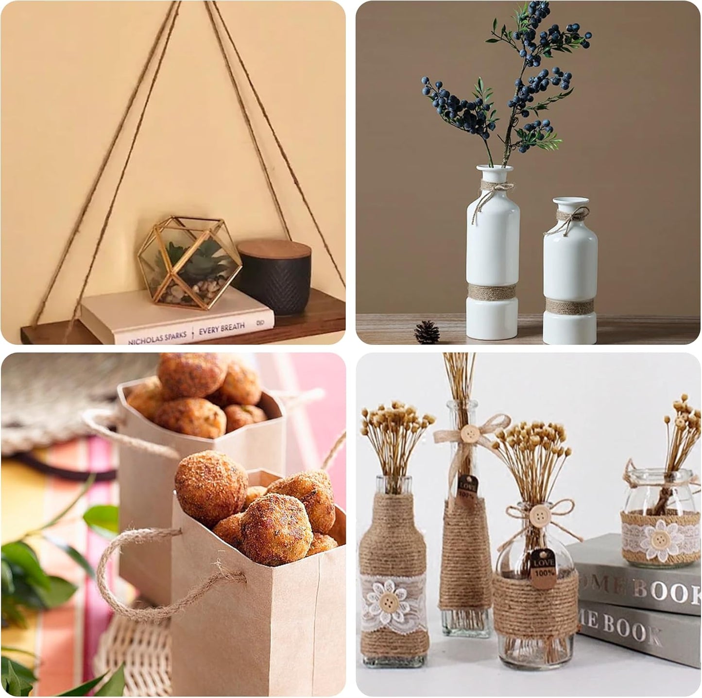 Natural Jute Twine 328ft 8mm,4Ply Twisted Thick Twine Rope Strong Jute String Roll for Crafts Gift Wrapping Gardening Home Decor Bundling Cat Scratching Post