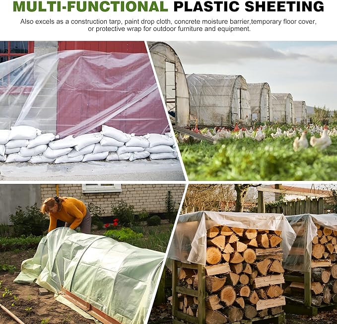 6 Mil Greenhouse Plastic Sheeting Clear 8x25 FT, Heavy Duty Polyethylene Film, UV Resistant, Tear-Proof, for Garden, Agriculture, Painting, Floor Protection