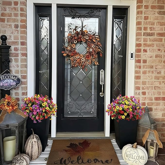 Artificial Flowers Outdoor UV Resistant Fake Plants, 12 Bundles Silk Daisy in Pots for Porch Patio Garden, Faux Potted Home Decor for Outside (Mix Pink, Red, Purple, Yellow)