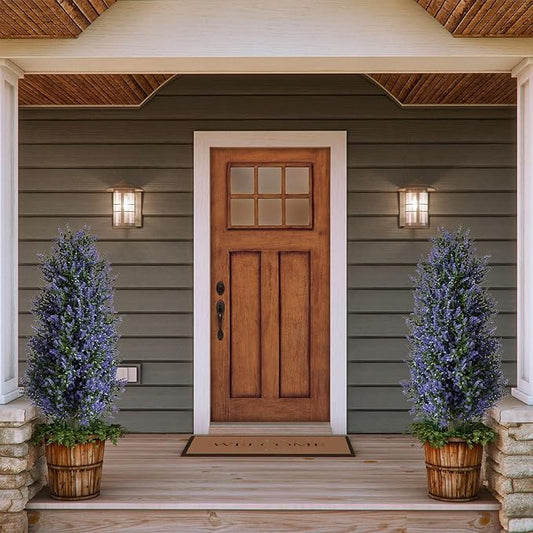 MGWILL 3FT Artificial Lavender Topiary Tree, Set of 2 Artificial Shrubs Fake Bushes with Spike, Faux Lavender Plants for Porch, Artificial Plants for Outdoor Planters Indoor UV Resistant