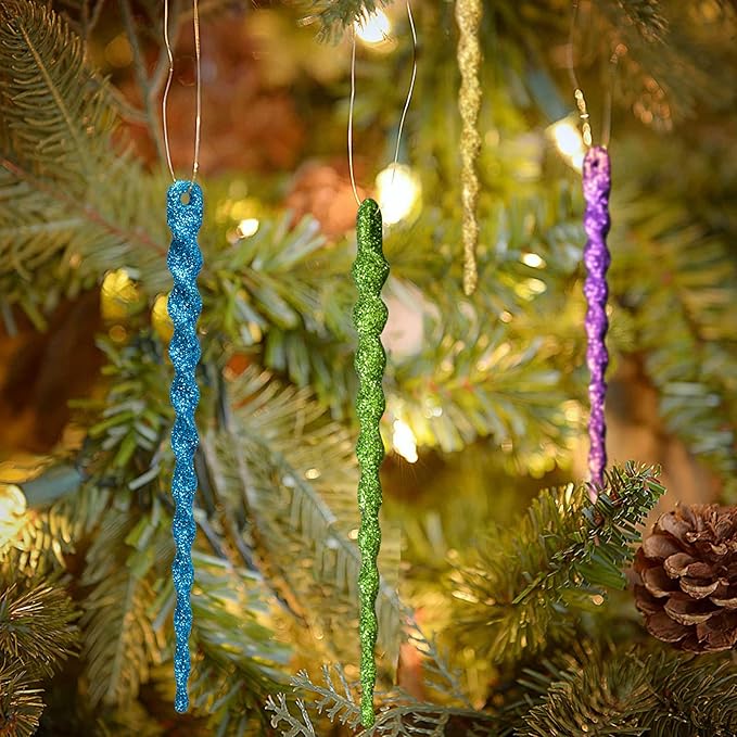 AMS Sparkling Glitter Plastic Icicle Ornaments 30 PCS Twisted Icicles Decoration Christmas Tree and Holiday Xmas Party Hanging (5.1'', Multi Color)