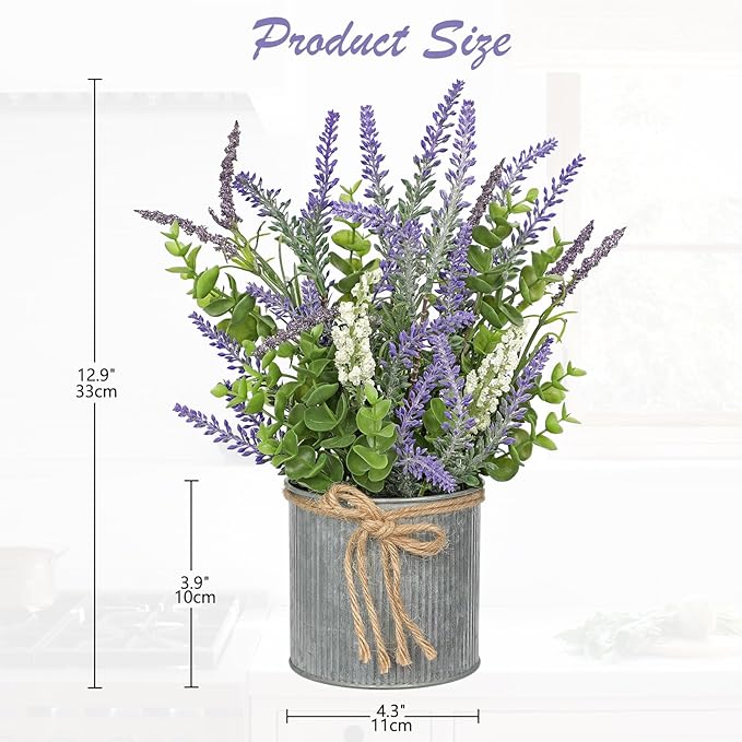 DILATATA Rustic Lavender Flowers Artificial Lavender Decor Fake Lavender Plant in Metal Pot Faux Plants in Pots for Home Bathroom Table Centerpieces Wedding Decor Potted Lavender Flower Purple Decor