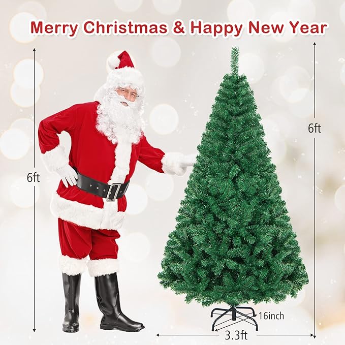 HAPPYGRILL 6FT Artificial Christmas Tree, Luxuriant Verdant Realistic Xmas Tree with 650 PVC Branch Tips & Folding Metal Stand, Unlit Pine Tree for Festival Parties Decoration