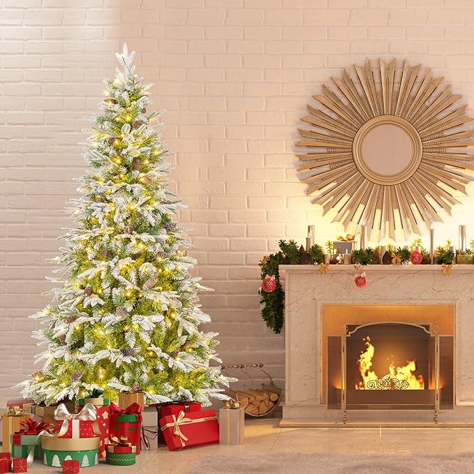 Goplus 6 FT Pre-Lit Artificial Christmas Tree, Snow Flocked Hinged Xmas Tree with 280 Warm-White LED Lights, 765 Tips, 62 Pine Cones, Lighted Xmas Tree for Office Home Decoration