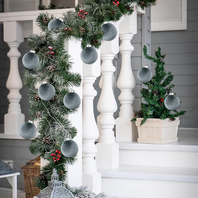 Neutral Velvet Christmas Tree Ornaments Set 3.15 Inch - Gray Xmas Hanging Baubles 15 PCS, Large Flocked Elegant Christmas Ball Ornaments, Shatterproof Decor for Holiday (Gray)
