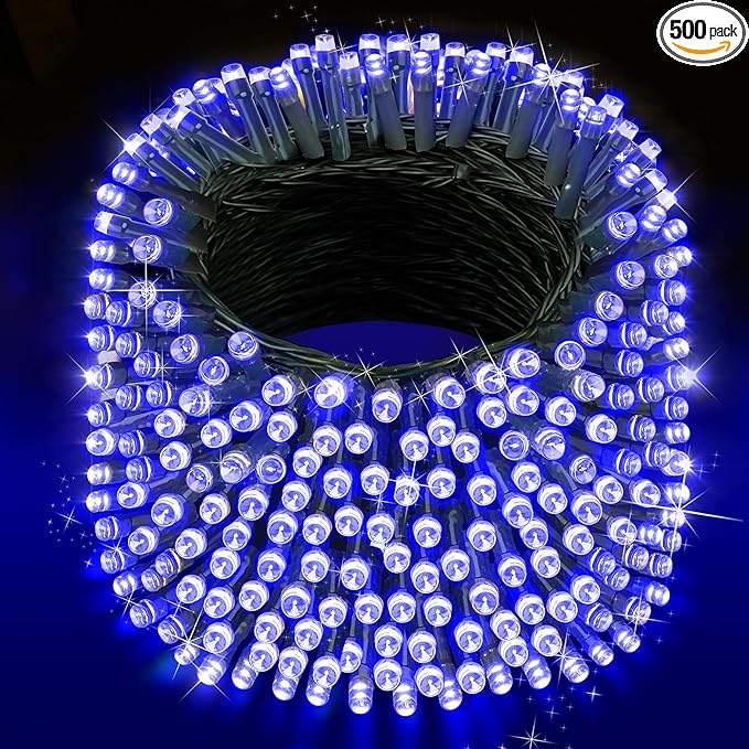 XURISEN Christmas Lights Outdoor 197FT 500 LED Green Wire String Lights 8 Modes with Timer Memory Waterproof Fairy Light Plug in for Xmas Tree Wedding Yard Party Holiday Decorations(Blue)