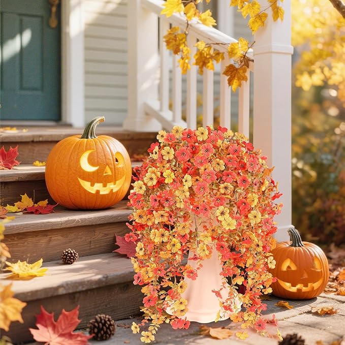 6 Bundles Artificial Fall Flowers for Outdoors Fake Plants Garden Home Fall Decor,UV Resistant Realistic Silk Faux Autumn Flower Indoor Outside Front Porch Patio Balcony Yard Farmhouse(Orange)