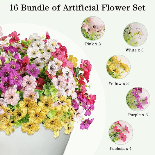 AGIRL 16 Bundles Artificial Flowers for Outdoor,No Fade Fake Plastic Flowers Faux Plants for Hanging Planters Decoration Indoor Outside Garden Porch Window Box Home Wedding