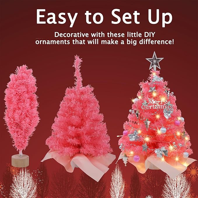 Juegoal Pink Mini Christmas Tree, 24 Inch/2 FT Lighted Tabletop Artificial Xmas Pine Tree, Small Spruce Tree Light Up Battery Operated & Timer with 50 LED Lights, for Holiday Winter Home Party Decor
