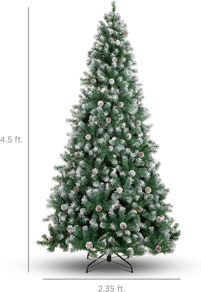 Best Choice Products 4.5ft Pre-Decorated Holiday Christmas Tree for Home, Office, Party w/450 Tips, Partially Flocked, Pinecones, Base – Green